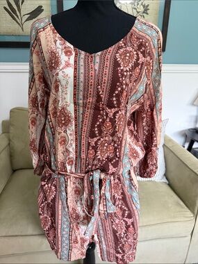 Striped Paisley Tie-Waist Romper in Brown & Cream
